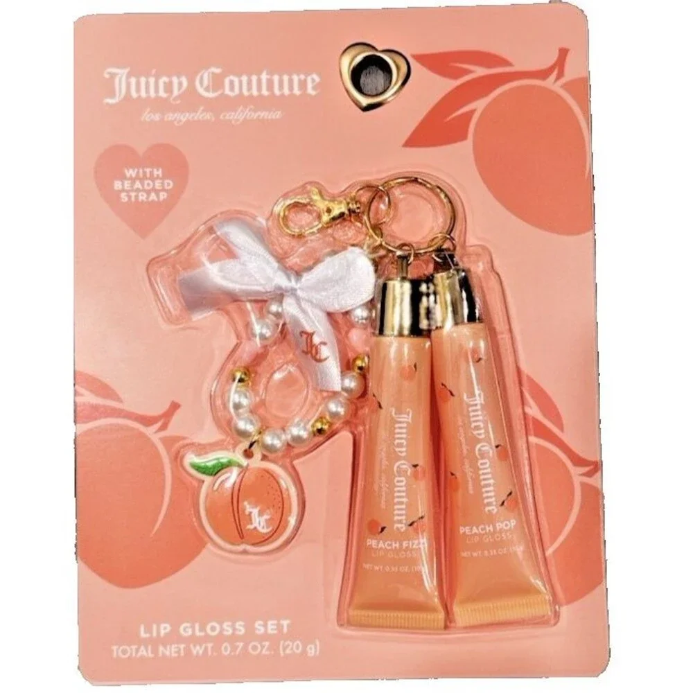 Juicy Couture Peach Liquid Lip Gloss Set Shine Effect w/ Beaded Strap Charm